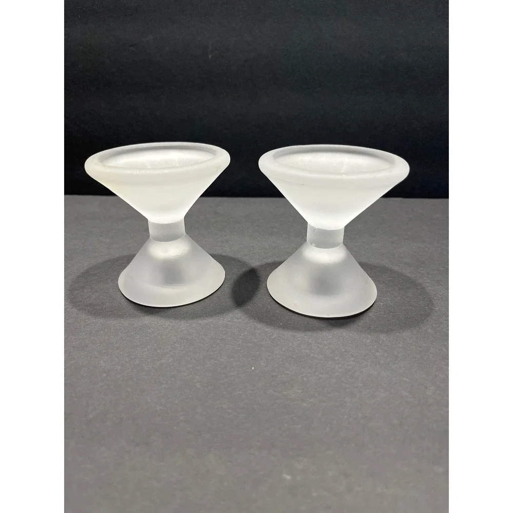 Vntg Frosted Glass Reversible Taper Votive Candle Holder Pair Mid-Century Modern